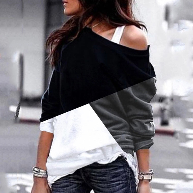 Casual Off-the-shoulder collar Pacthwork Color matching Sweater