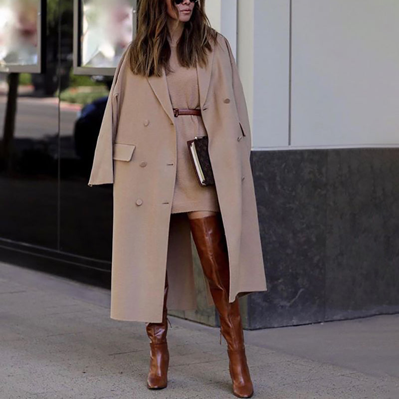Solid Color Double Breasted Coat
