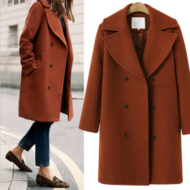 Women Casual Double-breasted Solid Color Cashmere Overcoat