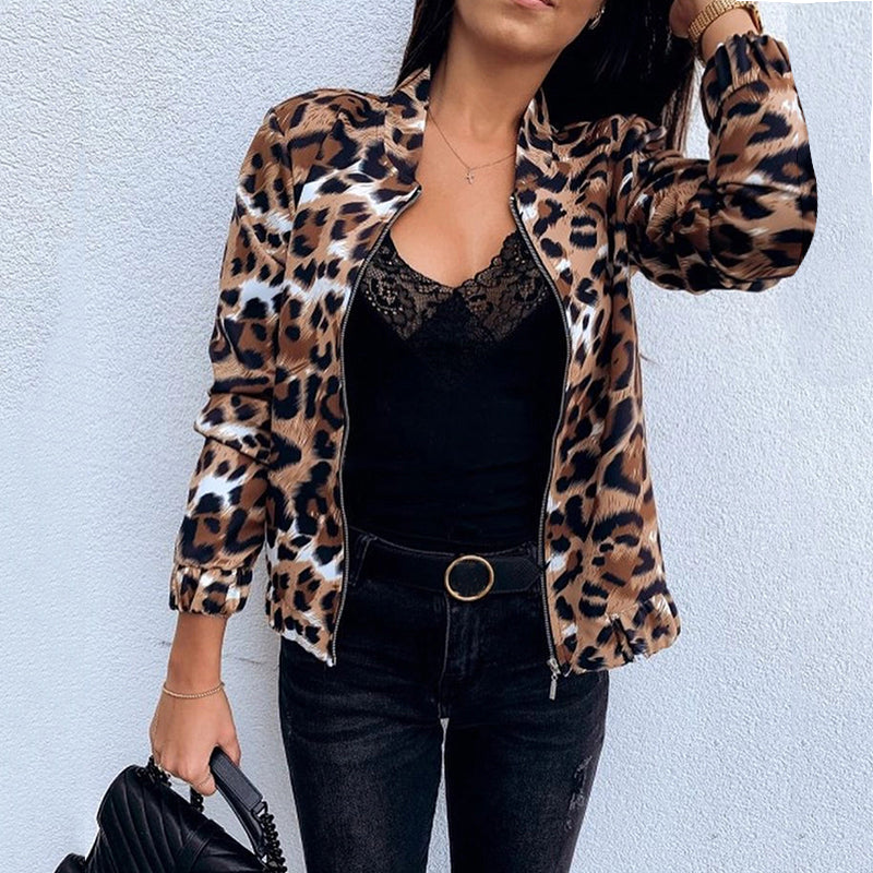 Fashion Leopard Print Fold Over Collar Long Sleeve Jacket