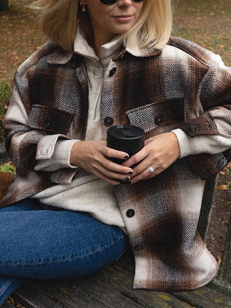 Casual colorblock plaid with lid pocket single-breasted coat