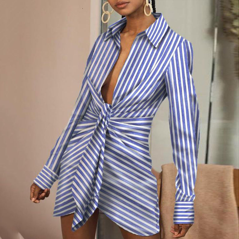 sexy deep v folding collar striped belted long sleeves dress