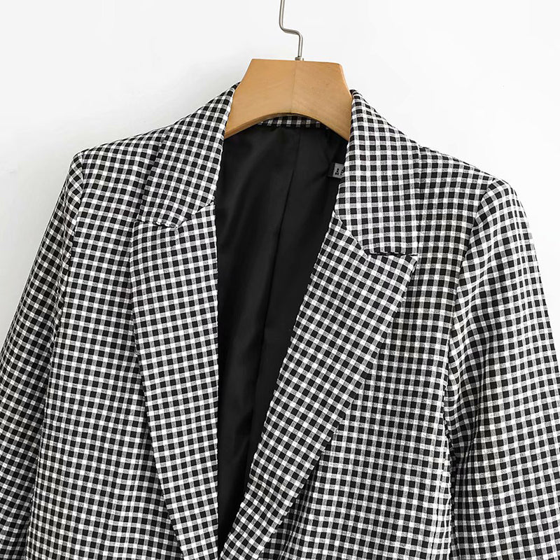 Women's Vintage Check Long Sleeve Tailored Collar Blazer
