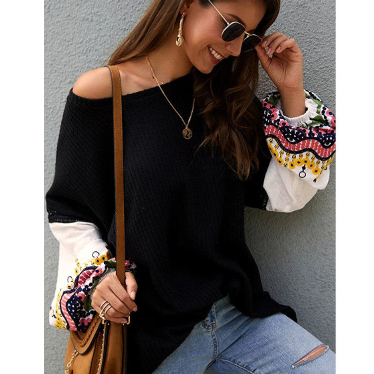 Autumn and winter ladies stitching contrast color round neck fashion trumpet sleeve casual loose Sweater