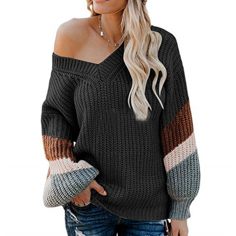 Casual V-neck Color Matching Loose Lantern Sleeve Sweater