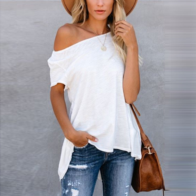 Fashion Strapless Collar Solid Color Short Sleeve T-Shirt