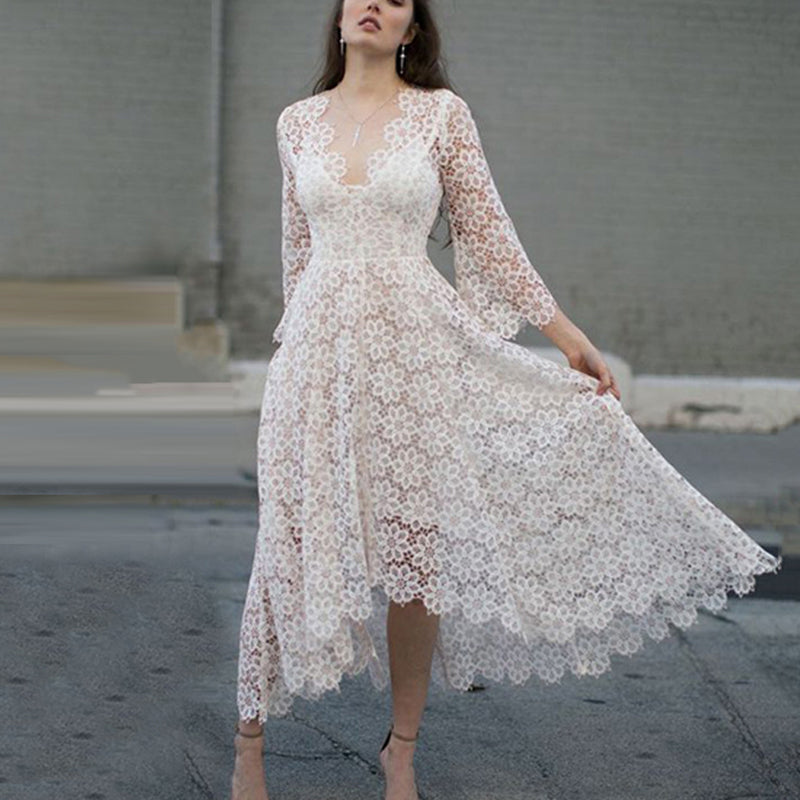 Women's Elegant V-Neck Hollow Out Printed Color Long Sleeve Dress