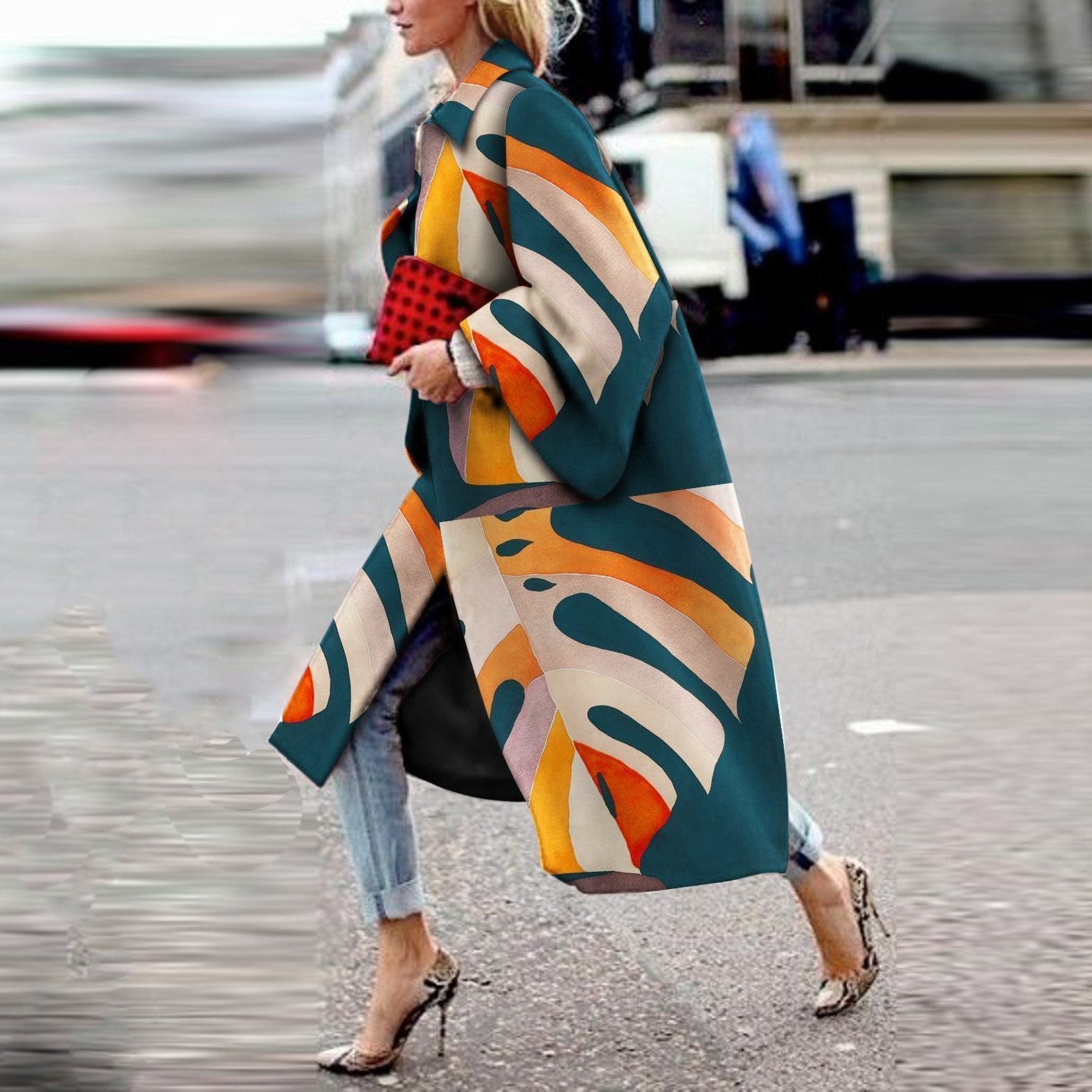 Fashion Printed Colour   Long Sleeve Coat