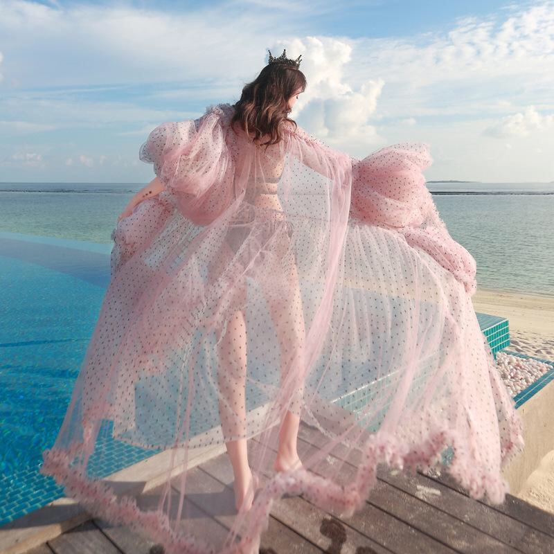 Sexy Polka Dot See-Through Bubble Sleeves Loose Maxi Dress