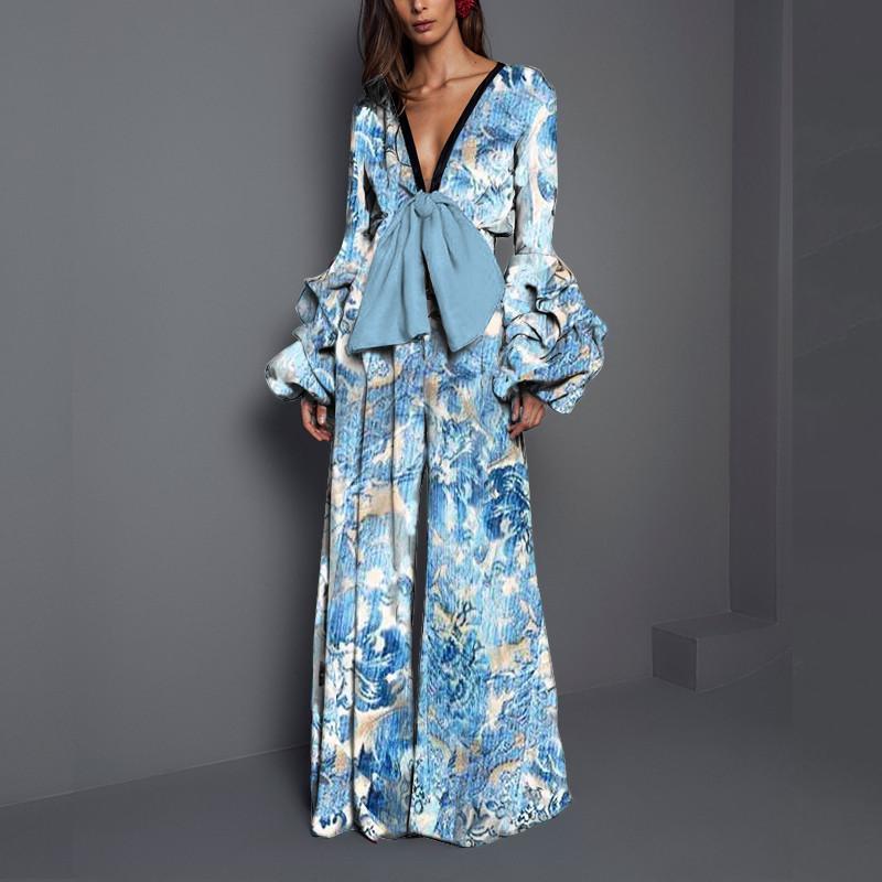 Sexy V Collar   Long-Sleeved Print Waist Trousers