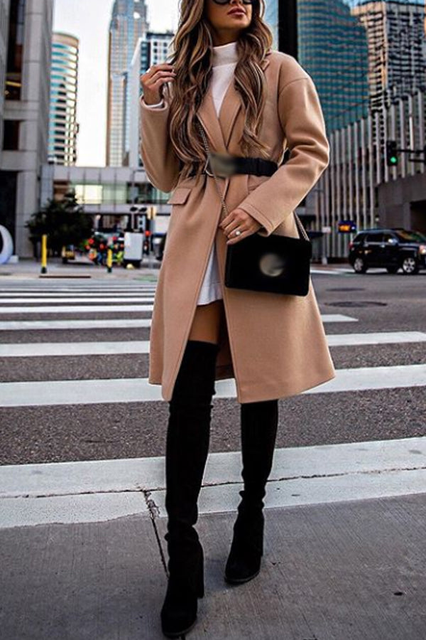 Elegant Belted Pure Colour Long Coat