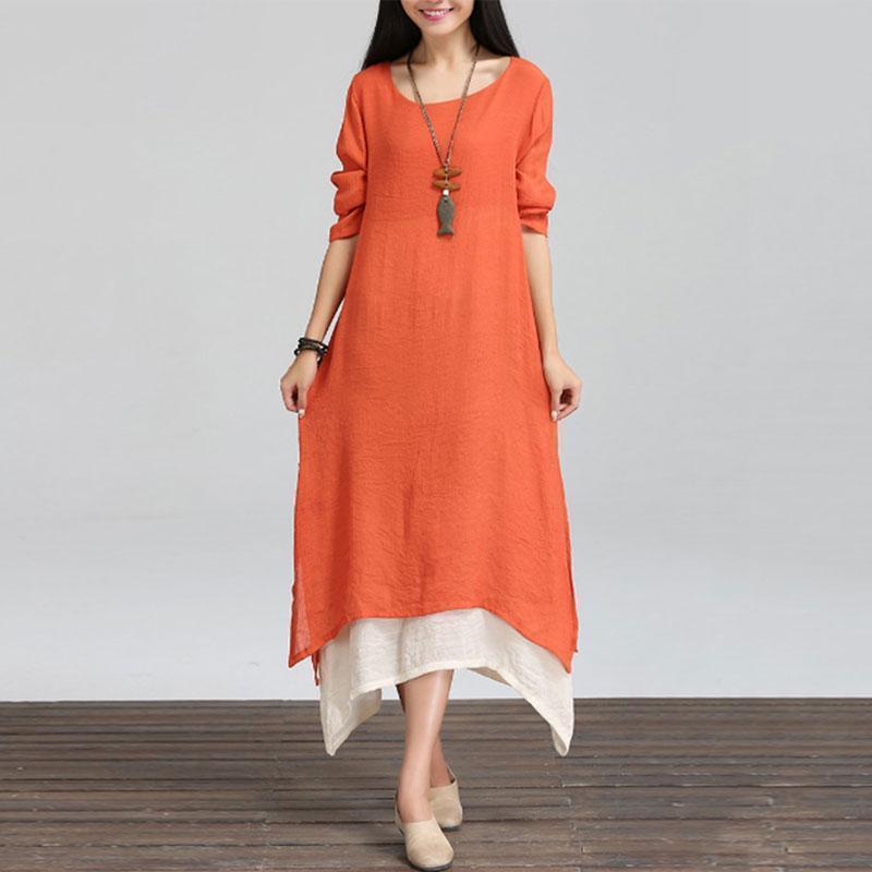Casual Asymmetric Hem Color Block long sleeves Maxi Dress