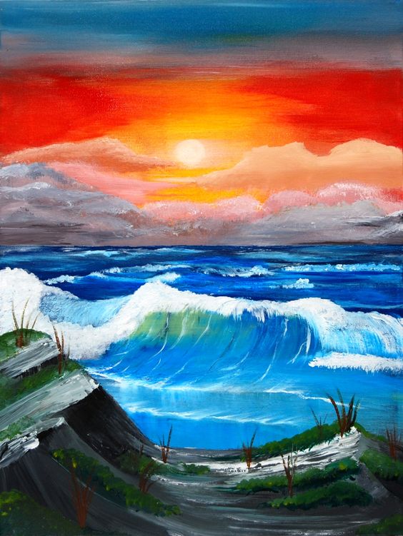 Easy Sunrise Seascape Paintings, Big Wave Sunrise Painting, Easy Seascape Painting Ideas for Beginners, Easy Landscape Painting Ideas, Easy Acrylic Seascape Paintings, Simple Beautiful Seascape Canvas Paintings for Beginners