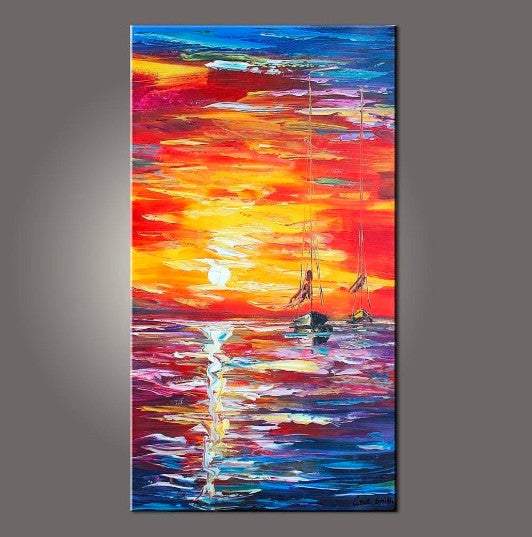 Sunrise Sail Boat, Abstract Landscape Paintings, Large Wall Art Painting, Acrylic Large Paintings, Modern Paintings