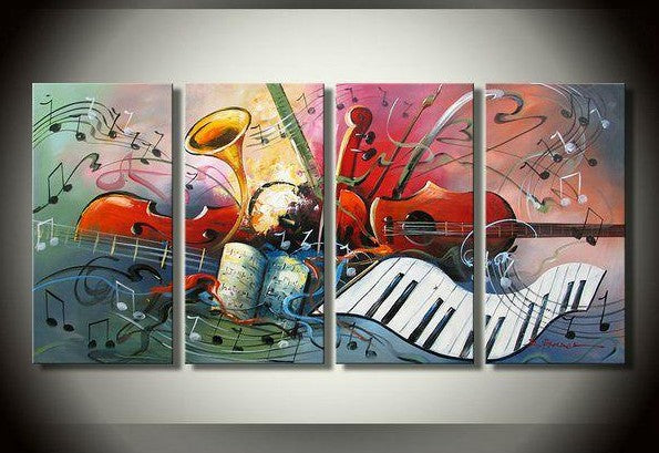 Horn, Violin Painting, Living Room Abstract Painting, Musical Instrument Painting, 4 Panel Art Painting, Abstract Wall Art Paintings, Living Room Wall Art Ideas
