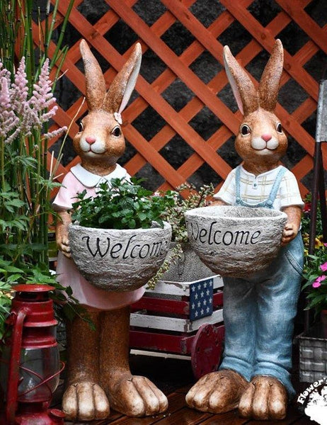 Large Rabbit Lovers Statue for Garden, Bunny Flowerpot, Garden Courtyard Ornament, Villa Outdoor Decor Gardening Ideas