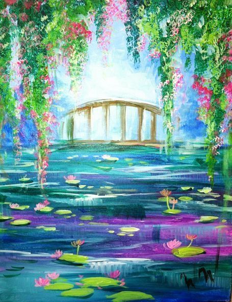 Simple Acrylic Paintings on Canvas, Garden Painting, Water Lily Pond Painting, Easy Landscape Paintings for Beginners, Easy Canvas Paintings, Easy DIY Painting Ideas for Beginners