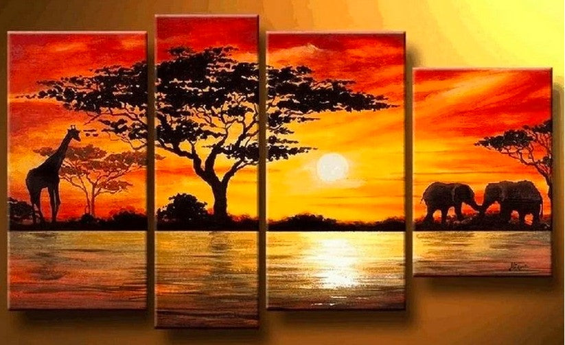 African Paintings, African Artwork, African Painting, African Elephant Paintings, Sunrise Painting, 5 Piec