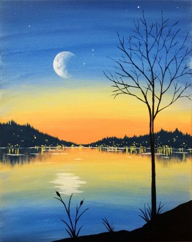 Easy Landscape Paintings Ideas for Beginners, Moon Painting, Acrylic Landscape Painting, Simple Painting