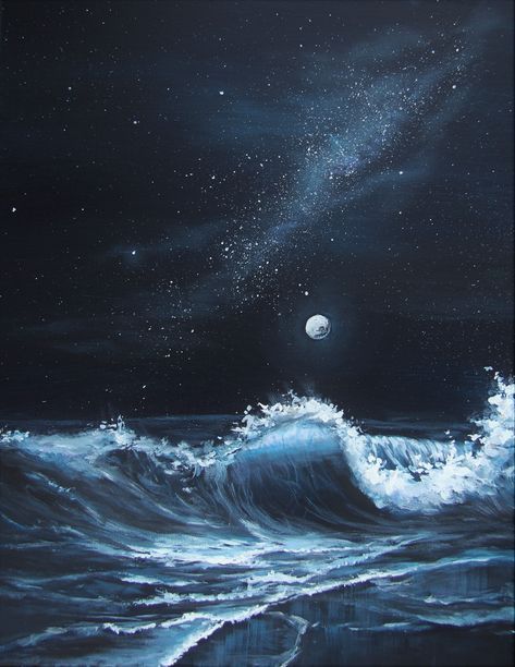 Easy Seascape Painting Ideas for Beginners, Night Seascape Painting, Moon Big Wave Painting, Easy Acrylic Seascape Paintings, Easy Landscape Painting Ideas, Easy Acrylic Seascape Paintings, Simple Beautiful Seascape Canvas Paintings for Beginners