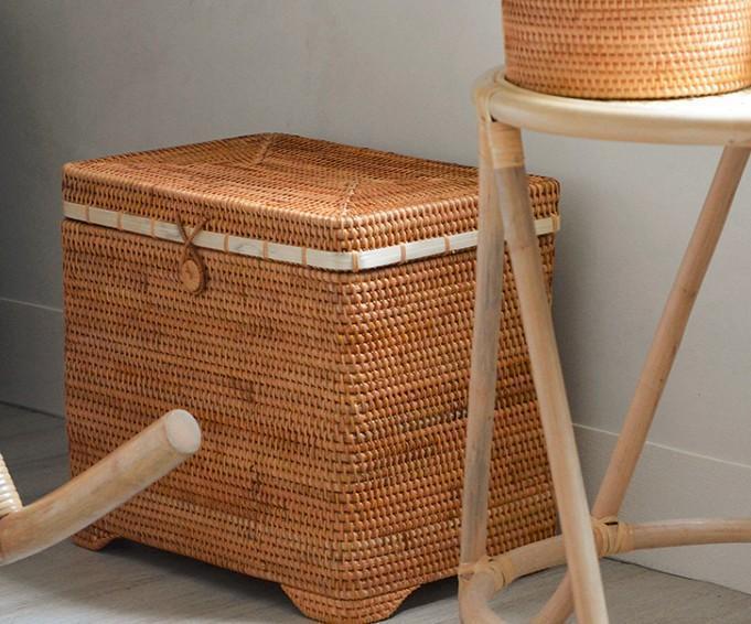 Large Rectangular Storage Basket with Lid, Rattan Storage Case, Storage Baskets for Bedroom, Woven Storage Basket