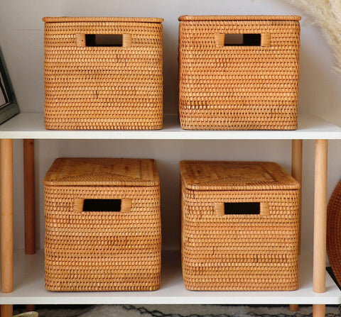 Rattan Storage Basket for Shelves, Rectangular Storage Basket with Lid –  artworkcanvas