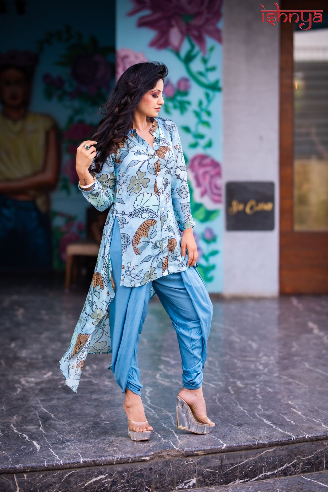 Must(ard) Try! - Floral Print Kurta with Tulip Pants - Blue - Ishnya