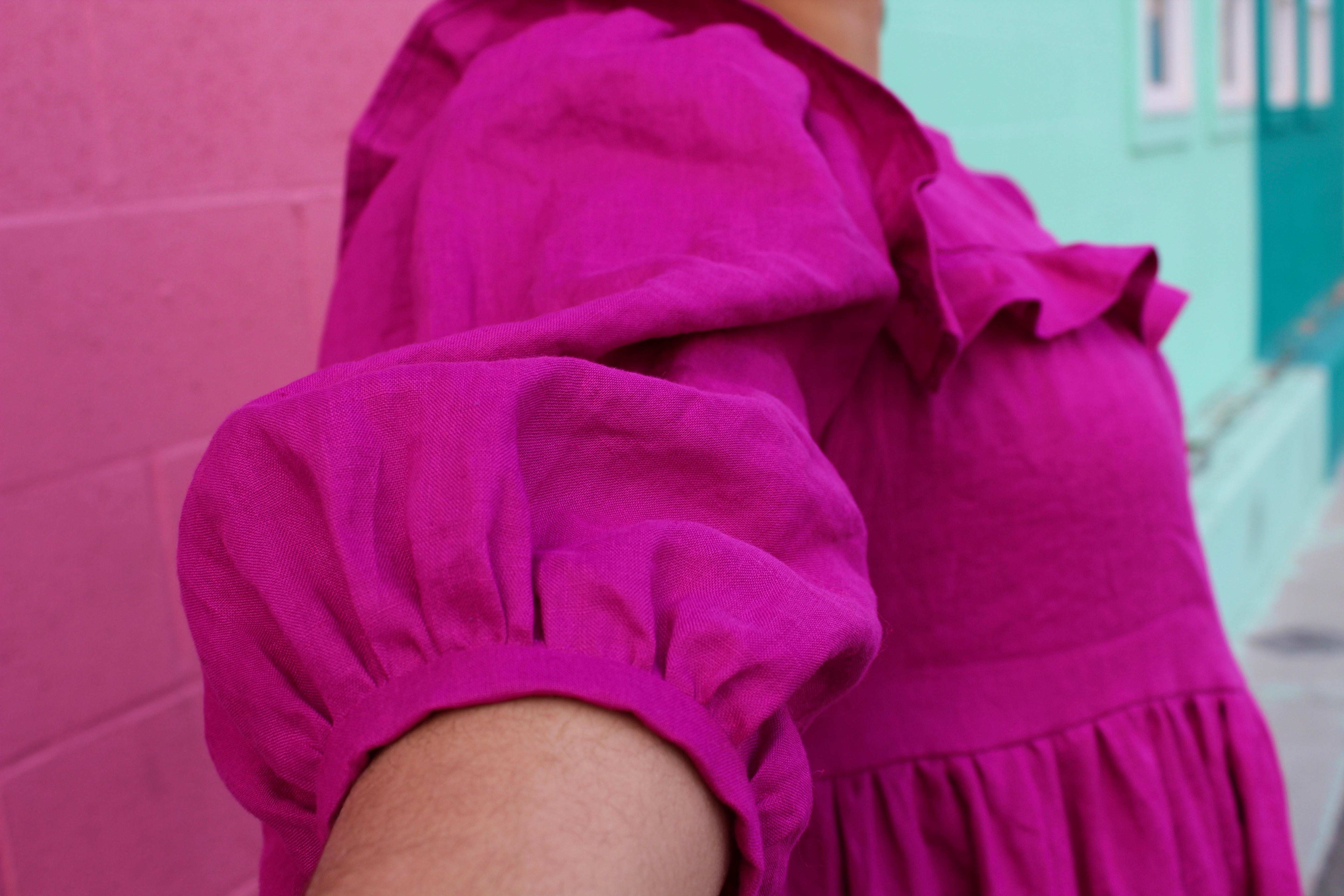 Close up shot of Romy's voluminous, puffy sleeve showing the cuff from the Hinterland dress pattern