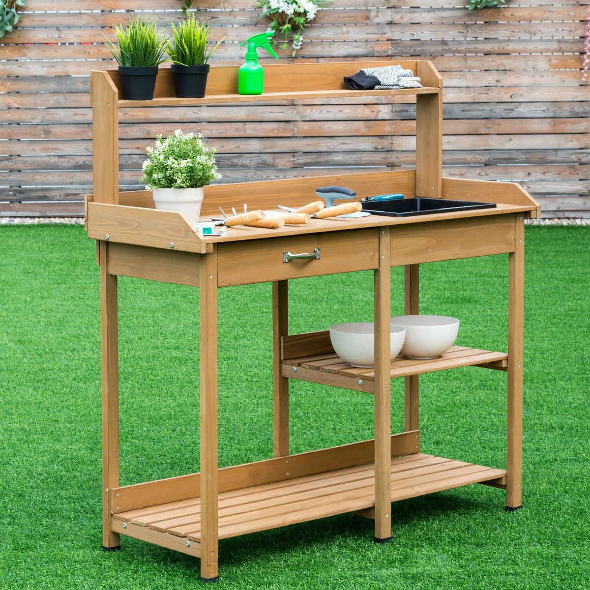 Garden Wooden Planting Potting Bench Table w/ Sink – Houseplantopia