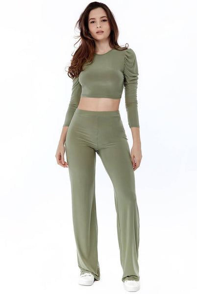 Slinky Puff Sleeve Crop Top And Trousers Set