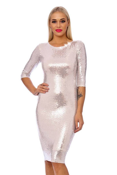 Silver Sequin 3/4 Sleeve Bodycon Midi Dress