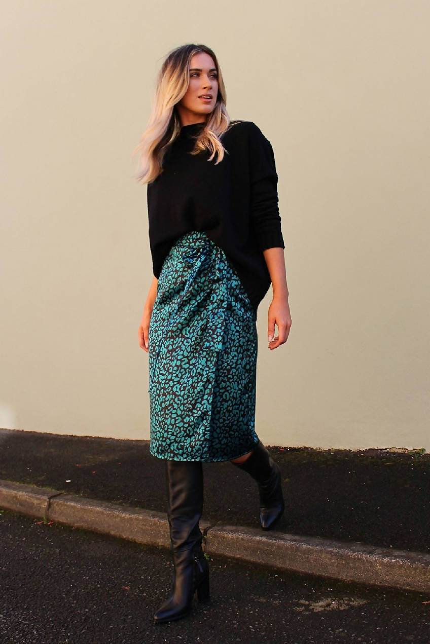 leopard print satin wrap skirt