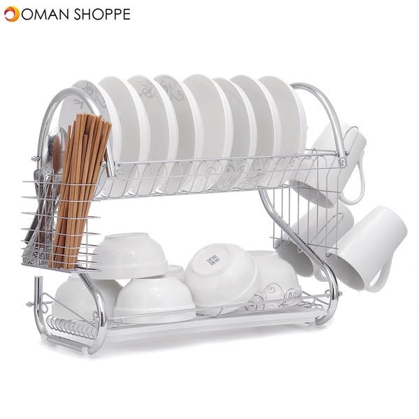 Classic 2 Tier Stainless Steel Dish Drainer Drying Rack Dish Rack Over Sink  for Kitchen Countertop with Utensil Holder Hooks Standing Dish Drainer