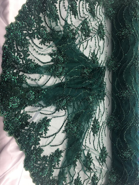 green beaded lace fabric