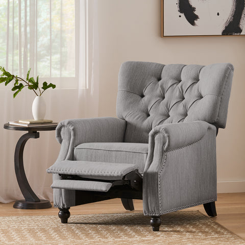 Welch Tufted Recliner in Gray with a side table and window on the left side