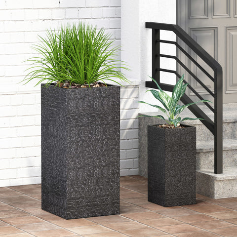 Leiman Outdoor Large and Small Cast Stone Planters next to a porch