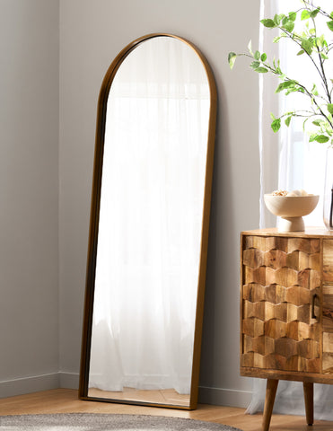 Leaner mirror next to a wood console table with a green, leafy plant on top