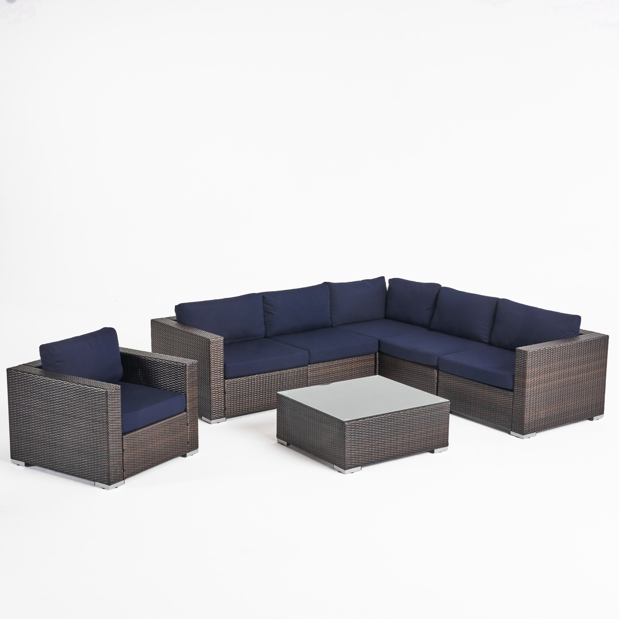 Kyra Outdoor 6 Seater Wicker Sectional Sofa Set with Sunbrella Cushions Multibrown Canvas Navy