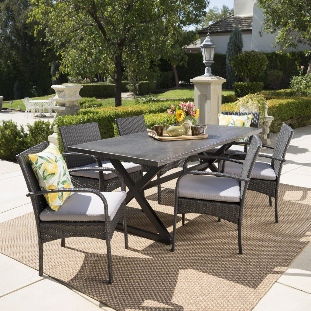 Ashley Outdoor 7 Piece Aluminum Dining Set with Wicker Dining Chairs ...