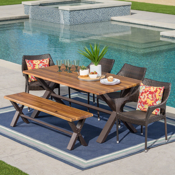 Lakeside Outdoor 6 Piece Acacia Wood Dining Set with Wicker Stacking C ...