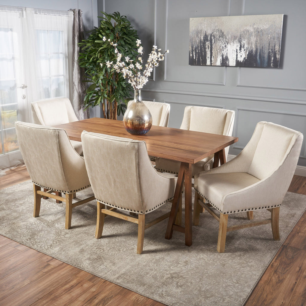 Sandor Farmhouse 7 Piece Dining Set With Fabric Dining Chairs