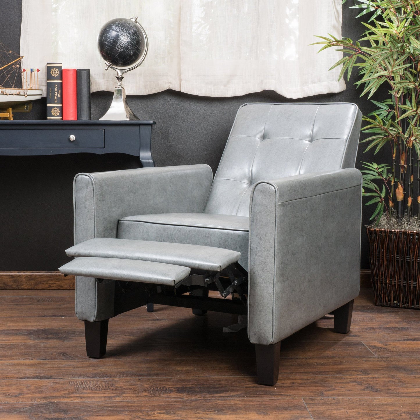 Elan Contemporary Tufted Dark Gray Bonded Leather Recliner with Tapered Legs