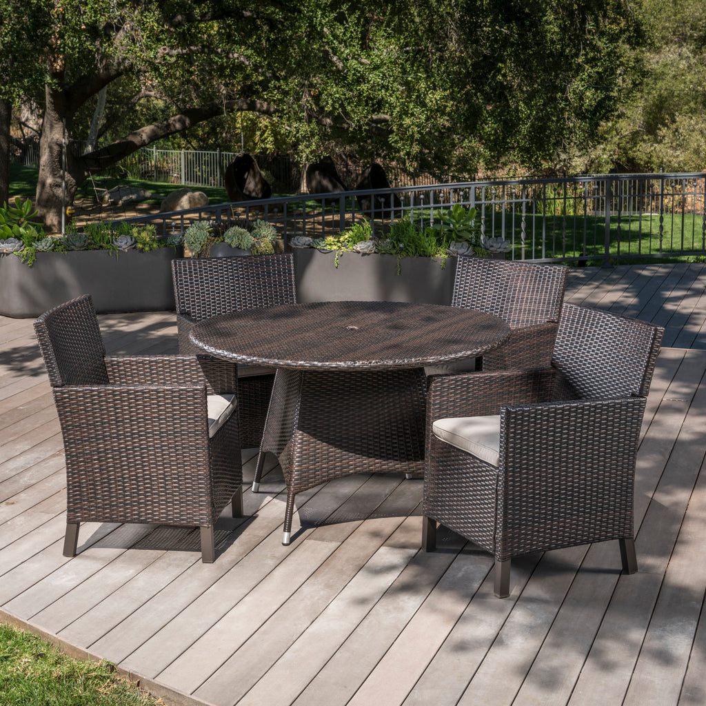 Cyril Outdoor 5 Piece Wicker Round Dining Set with Water Resistant Cus
