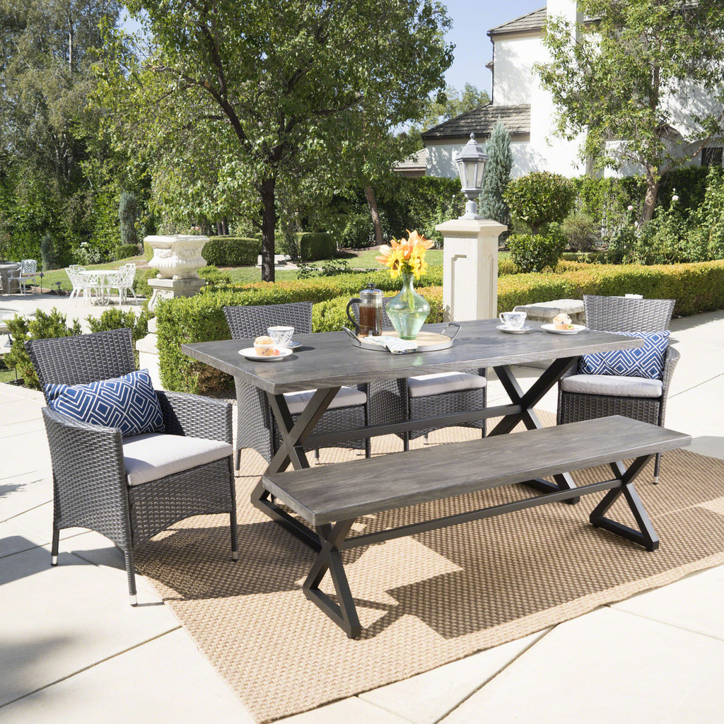 Owenburg Outdoor 6 Piece Aluminum Dining Set With Bench And Wicker Din