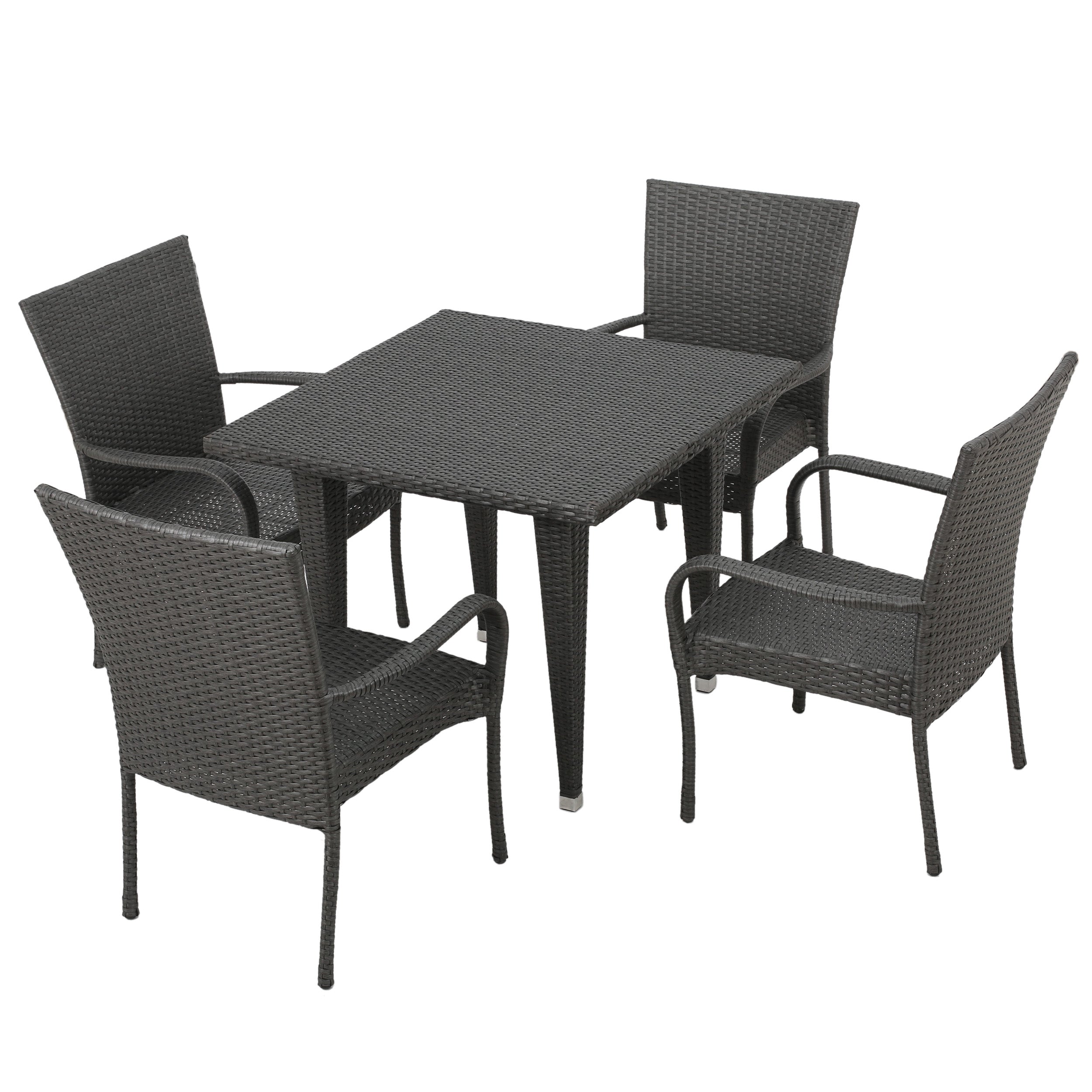 Antonio Outdoor 5 Piece Gray Wicker Dining Set with Stackable Chairs Default Title