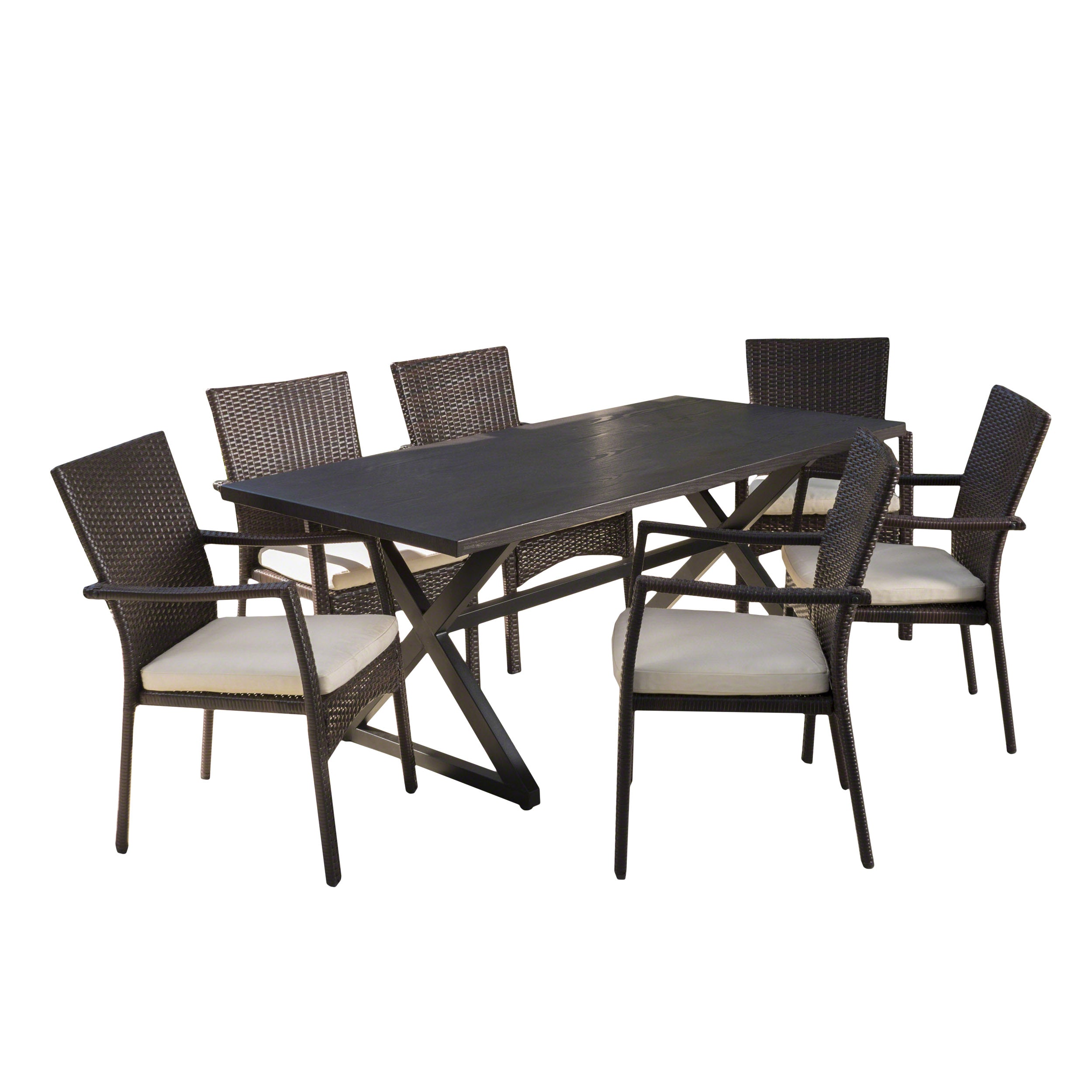 Adelade Outdoor 7 Piece Aluminum Dining Set with Wicker Dining Chairs BlackBrown
