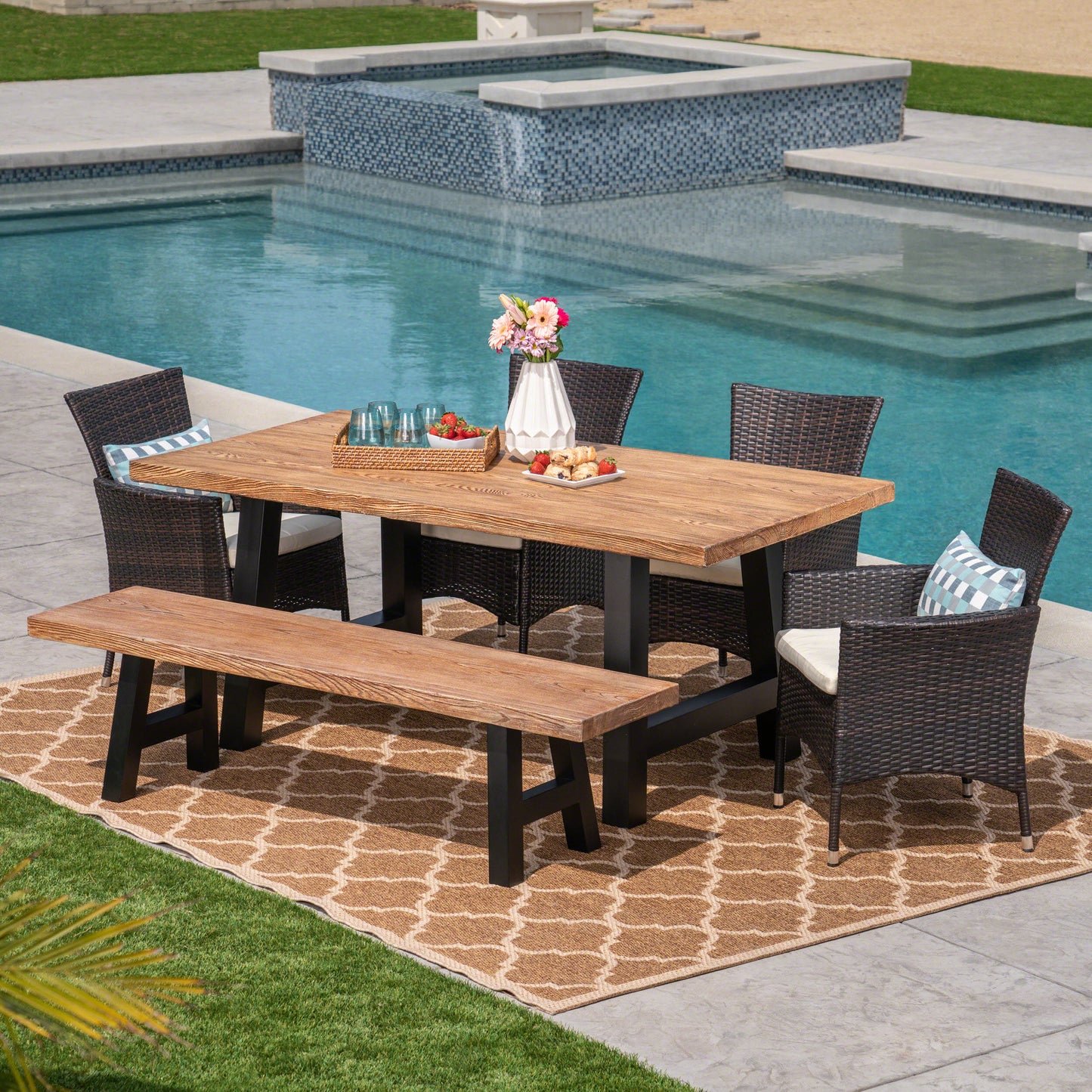 Lisa Outdoor 6 Seater Wicker & Concrete Dining Set With Bench – GDFStudio