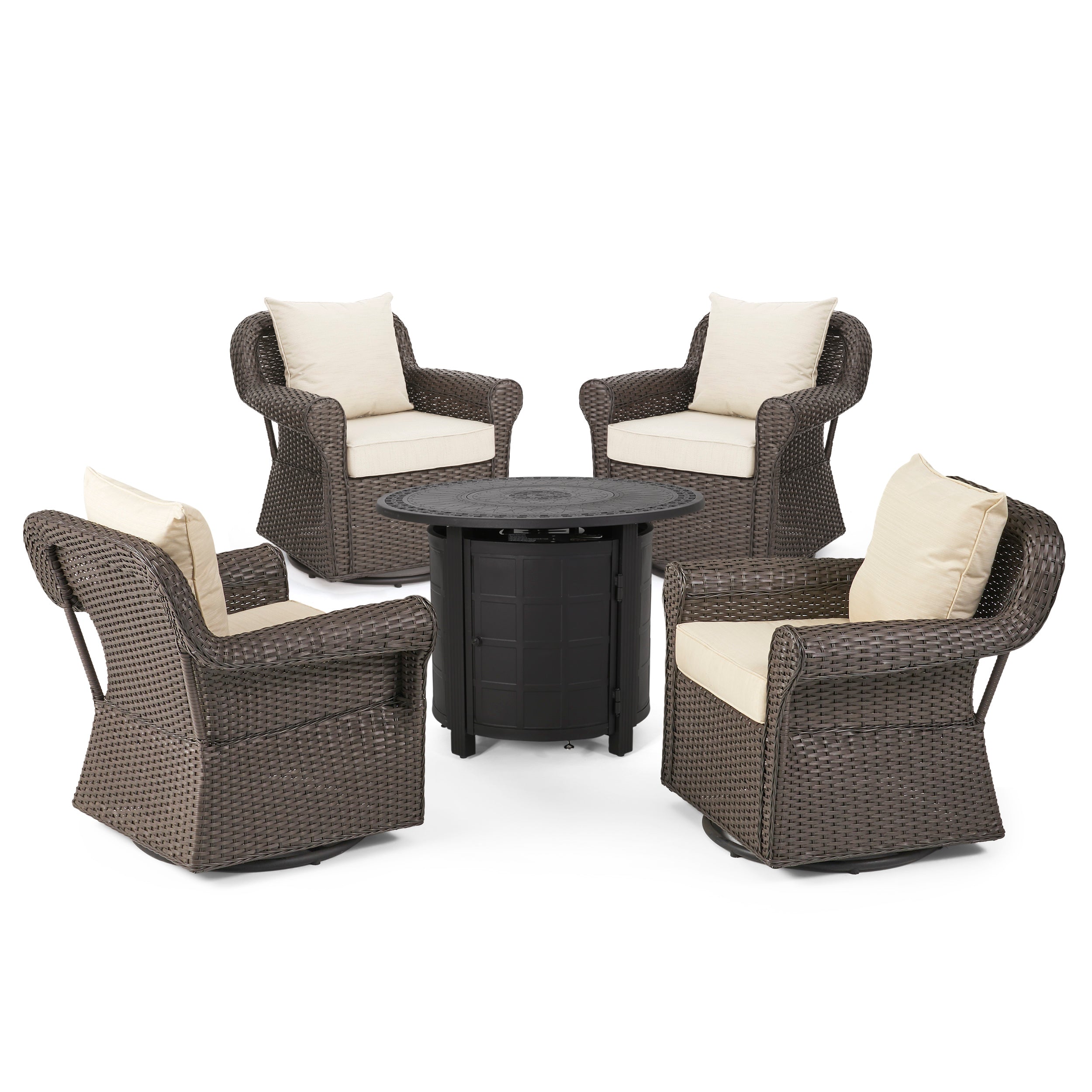 Admiral Outdoor 4 Seater Wicker Swivel Chair and Fire Pit Set Default Title