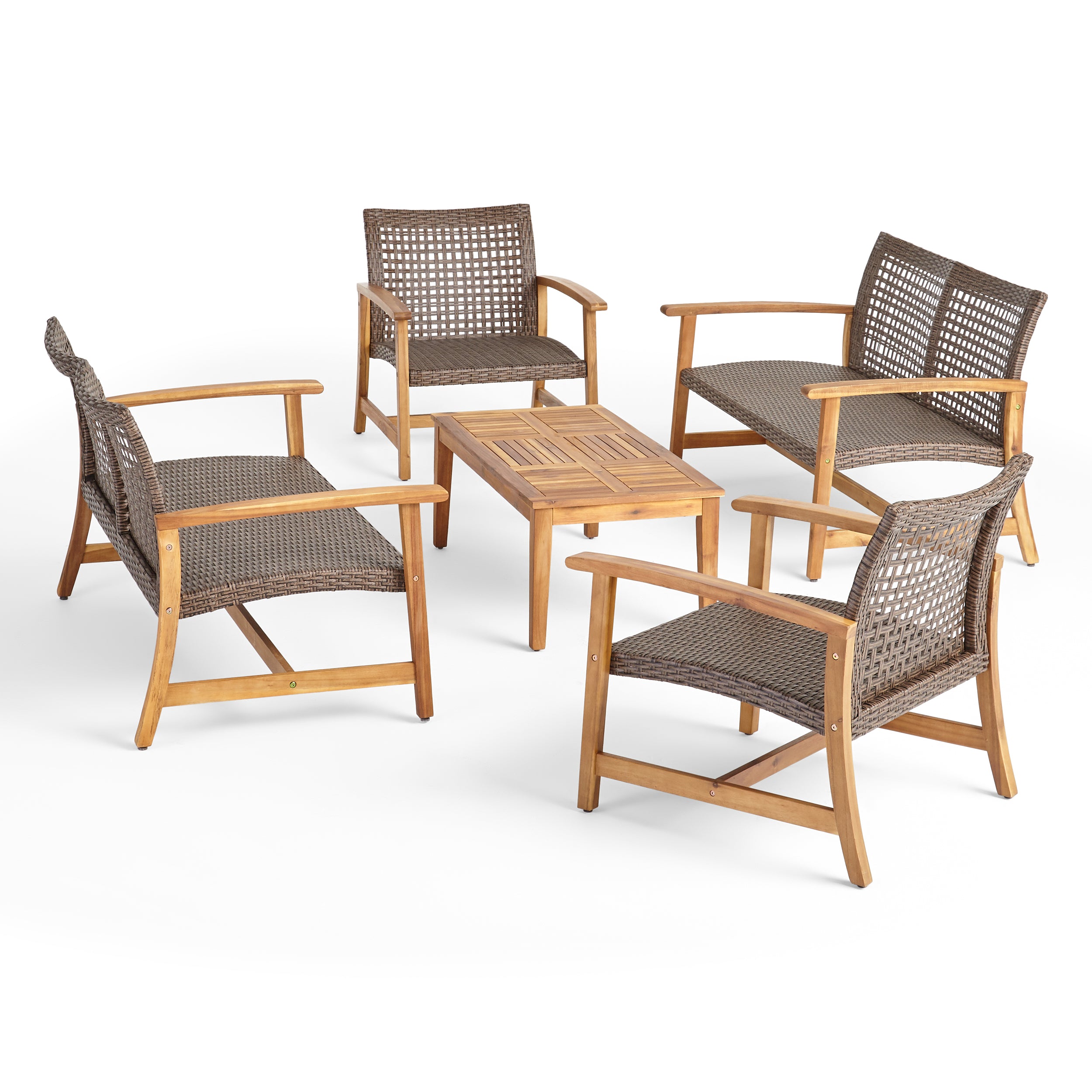 Alyssa Outdoor 5 Piece Wood and Wicker Loveseat Chat Set Mixed Mocha Natural Finish