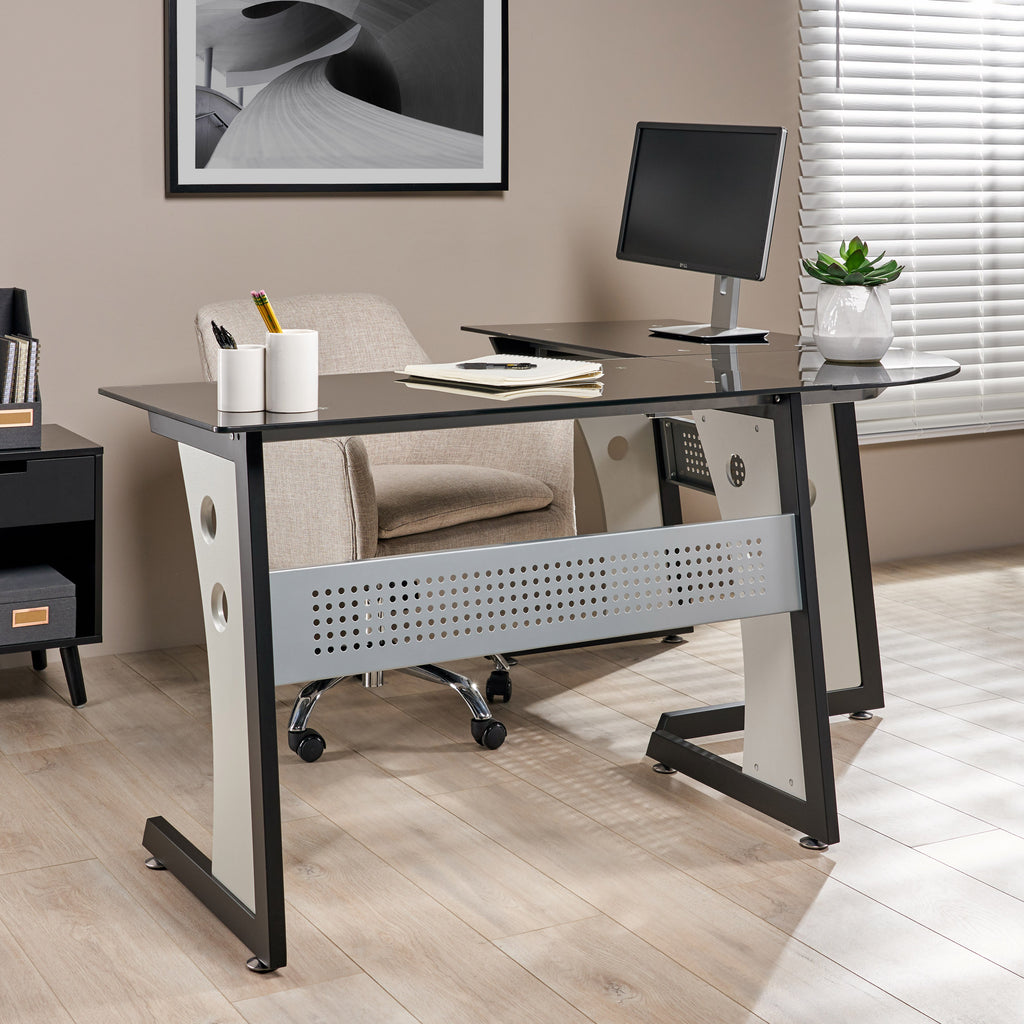 Orion Modern L-Shaped Black and Gray Iron Office Desk with Tempered Gl